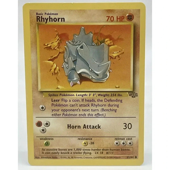 Pokemon Card Rhyhorn 61/64 Jungle Common Non‎ Holo Vintage 1999 WOTC LP - Picture 1 of 6